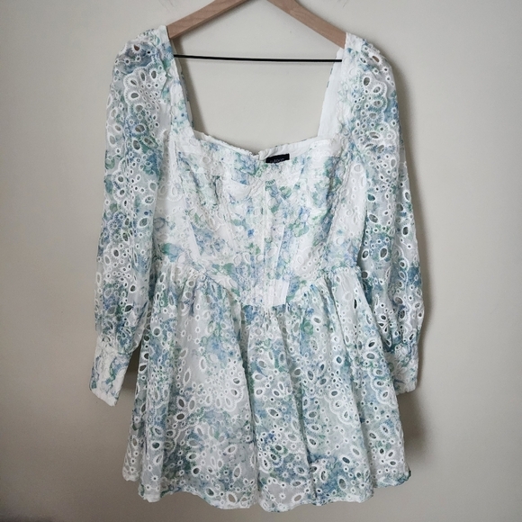 Bardot | Lila Flounce Eyelet Long Sleeve Mini Dress in Water Floral - Sz L/US 8 - Picture 3 of 13